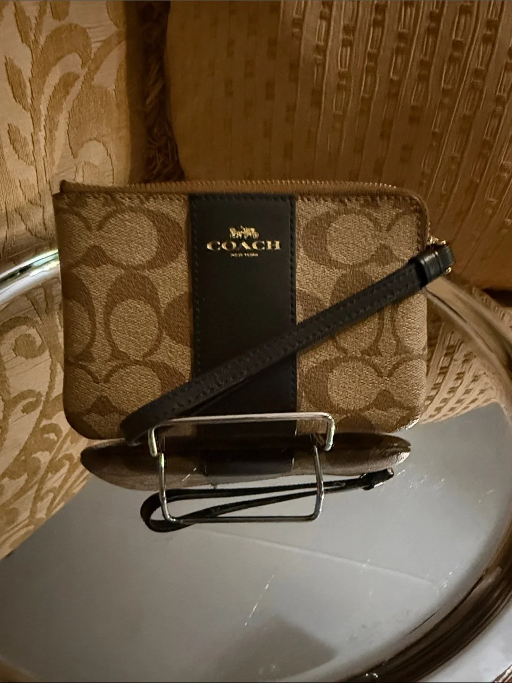 Coach Corner Zip Wristlet in Signature Canvas with Stripe preowned